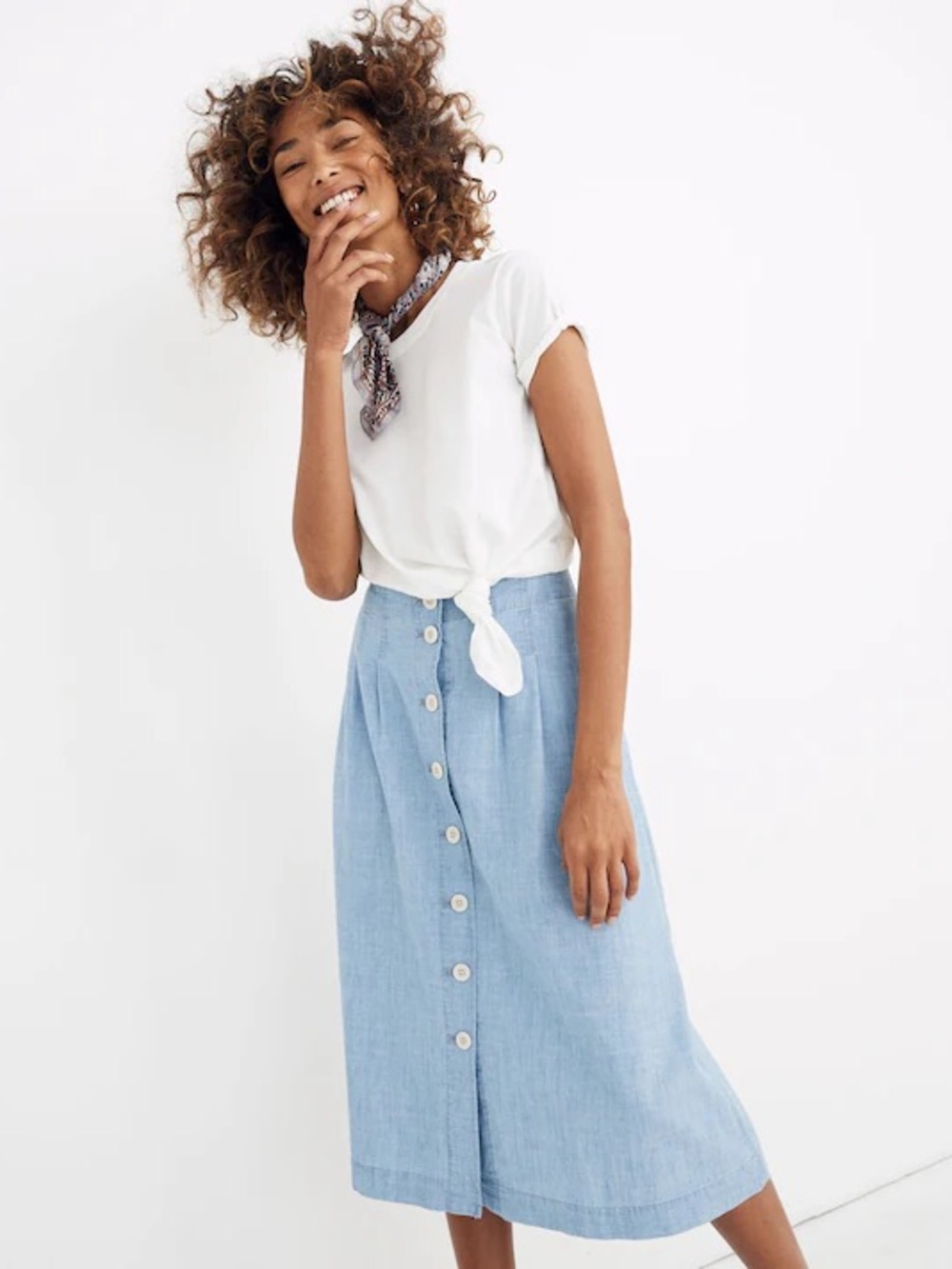 Madewell Chambray Patio Button-Front Midi Skirt